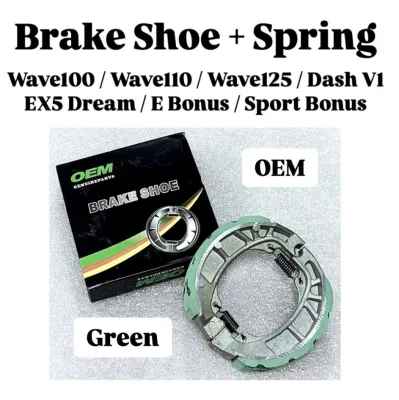 ( OEM ) Green Brake Shoe + Spring Lining Brek Brak Break Shoe Shoes Hijau for Wave100 Wave 100 / Wave110 Wave 110 / Wave125 Wave 125 / Dash110 Dash 110 V1 Old / EX5 Dream / E Bonus110 Bonus 110 / SportBonus Sport Bonus