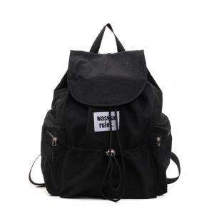 PUREGLOW สีพื้น กระเป๋าเป้แบบมีเชือกรูด น้ำหนักเบา ไนลอน กระเป๋าสะพายไหล่แบบมีรอยพับ แฟชั่น ความจุขนาดใหญ่ กระเป๋านักเรียน กลางแจ้ง