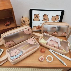 MEMGOUO Capybara Pencil Case with Handle Large Capacity Stationery Storage Pouch Portable Matte Transparent Pen Bag Office School Supplies