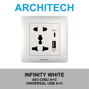 ARCHITECH SAKLAR STOP KONTAK INFINITY WHITE A63 ARCHITECH SAKLAR / SAKELAR / CETEKAN gabungan / saklar hotel architech / saklar lampu rumah / saklar minimalis gabungan
