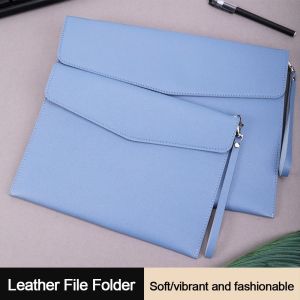 ROLL A4 A5 Leather Document Pouch With Handle Large Capacity Briefcase Stationery Dustproof Leather File Bag School Office