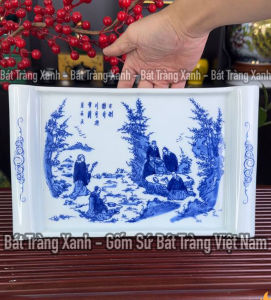 Bộ Ấm Pha Trà Men Lam Nắp Lõm Khay Hình Chữ Nhật Bát Tràng Trúc Lâm Thất Hiền - Ấm Quai Đồng Dung Tích 390ML