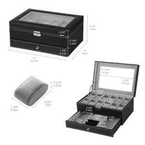 12 Slot PU Leather Lockable Watch Storage Boxes  2-Tier Jewelry Display Drawer Case with Glass Lid