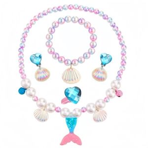 NOBLELUX Seashell Pearl Beaded Necklace Bracelet Earrings Set Beaded Pendant Sweet Style Necklace Hand Chain Ring Creative Ear Pendants Princess Party