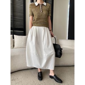 2026 Early Fall Women Breathable Tencel Linen Colorblock Polo Neck Hollow Short Sleeve Knit Shirt