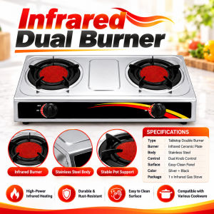Infrared Double Burner Gas Cooker Energy Saving Stainless Steel Easy Clean Fast Heating Tabletop Stove Dual Knob Control for Household Kitchen
