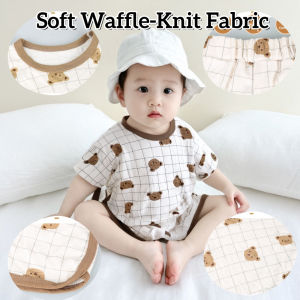 AILEBE Kids Sets Bear Print Terno Soft Waffle-Knit Fabric Round Neck Short Sleeve Tee Elastic Waist Shorts Loose Comfy Fit Summer Pambahay Sleepwear For Baby Boys 0-7 Y