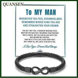 QUANSEN Gift For Men Infinity Bracelet Braided Leather Forever Linked Together Stainless Steel Engraved With Love You Forever Jewelry