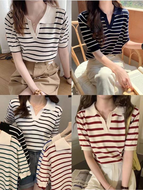 Kim-Shop*💜*พร้อมส่งเสื้อไหมพรมคอปก แขนสั้น เสื้อไหมพรมยืดหยุ่น นิ่ม ลาย ...