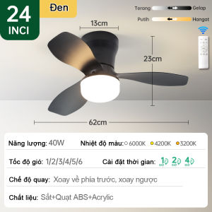Quạt trần mini 3 cánh Chế độ đèn ba màu quạt trần phòng ngủ nhỏ Có điều khiển từ xa