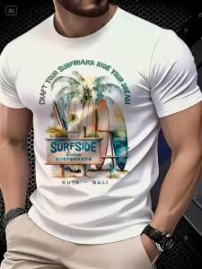 Original MenS Tropical Surfboard & Coconut Tree 3D Print Casual Tee - Comfortable Short Sleeve Round Neck Summer Top