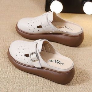 Free Shipping Brand-Name WomenS Sandals New Summer Styles Thick-Soled Genuine Leather Soft-Soled Closed-Toe Half-Slipper Design For Outdoor Wear