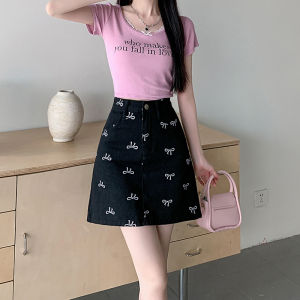 S-6XL Bow Print Denim Basic Skort High Waist A-Line Mini Skirt with Short