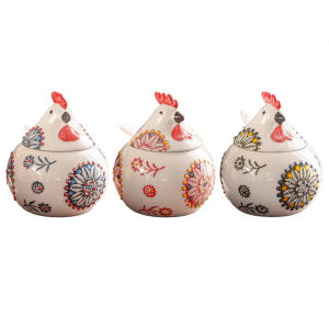 Chicken Shaped Ceramic Condiment Jar With Lid And Spoon Kitchen Decoration Underglaze Art For Salt Sugar Storage