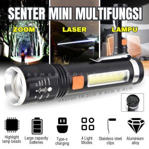 Senter Mini Multifungsi Zoom Laser Lampu Samping MITSUYAMA MS-1236 LED LASER Cahaya Super Terang Tahan Air Cas USB Tipe-C