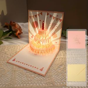 IFFINE Happy Birthday 3D Music Glowing Cards with Envelope Music Light 3D Cake Greeting Card Creative Pop Up Glowing Cake Blessing Card For Birthday Gift