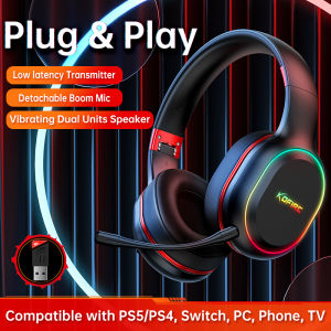 Picun KOFIRE UG-05 2.4GHz Wireless Gaming Headset with Dual Dynamic EQ Vibration Driver Units Bluetooth 5.0 40H Playtime Over Ear Headphones with RGB LED Light Detachable Microphone Earphones for PS5/PS4 Switch PC Phone Laptop TV