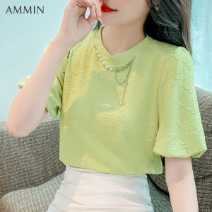 AMMIN Áo Nữ Mùa Hè Ngắn Tay Cổ Tròn Jacquard Áo Cánh Vải Voan Phong Cách Hàn Quốc Dây Chuyền Thời Trang Cổ Tròn Dập Nổi Tay Áo Bong Bóng