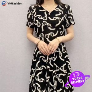 5XL Short Sleeve Summer Dress Womens Mid Length New Dress Fashion Floral Print Mothers V-neck Elegant Dress