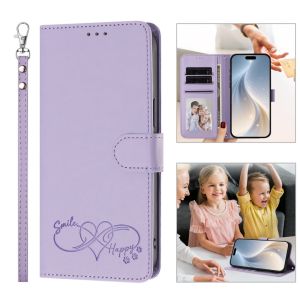 Heart Embossed Smile Happy Flip Wallet Phone Case For iPhone 18 Pro Max 17 16 15 14 PU Leather Multi Card Slots Kickstand Cover With Wrist Strap Shockproof Protective Casing For Women