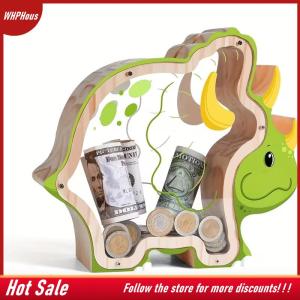 【COD】🔥🔥🔥 Wood Dinosaur Shape Money Box Piggy Banks Kids Coin Storage Case Children Cash Saving Transparent Home Decor