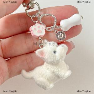 [COD] Man YingLie Cute Cartoon Lovely Animal Flocking West Highland Puppy Keychain Pendant Backpack Ornaments Bag Lanyard Phone Chain Couple Gifts