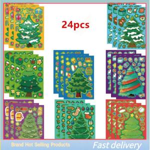 💓💖🧧🏮 สติ้กเกอร์ตัวต่อของเล่น12 24ชิ้นสติกเกอร์รูปต้นคริสต์มาสงานหัตถกรรม DIY สติกเกอร์เครื่องเขียนกันน้ำ