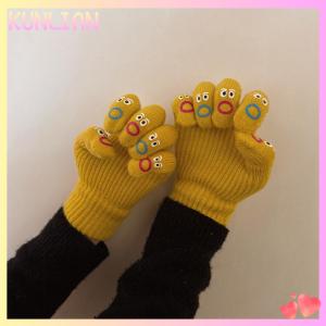 [KUNLIAN] 1 đôi phụ nữ hài hước biểu hiện trên khuôn mặt găng tay dệt kim đầy đủ ngón tay Găng tay mềm Crochet găng tay hoạt hình biểu hiện lái xe găng tay