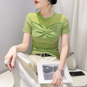 Áo thun cổ tròn nữ màu xanh lá cây màu trắng biểu diễn dáng ôm Mới Mùa Hè tay ngắn áo lưới thắt nút độc đáo và thời trang