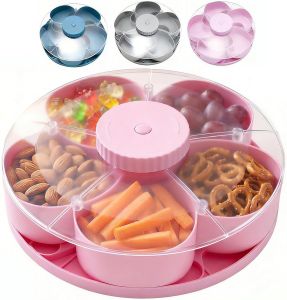 Divided Spin and Snack Serving Tray - Perfect for Snacks Dips & Party Appetizers 5-Compartment Rotating Snack Container Lazy Susan Organizer Veggie Fruit Tray for Kitchen (Blue)