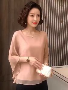 puff 3 4 sleeve blouse long sleeve formal blouse plus size pink round neck Bat sleeve loose korean casual office plain T-shirts tops