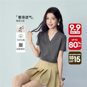 Giordano Beau Monde Women 100% cotton v-neck short sleeve tee Free Shipping 13326270