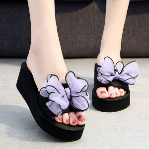 [Free Shipping] Stylish High-Heeled Flip-Flops With A Bow Thick Sole Non-Slip Durable WomenS Wedge Heel Handmade Beach Sandals For Summer