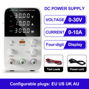 White Variable DC Power Supply 0-30V /60V /120V /160V. 0-3A /5A /10A Power Supply with 4-Digits LED Display 5V/3.6A USB Quick-Charge Adjustable Bench Switching Power Source with Encoder Adjustment Knob High Precision Output Enable/Disable Button