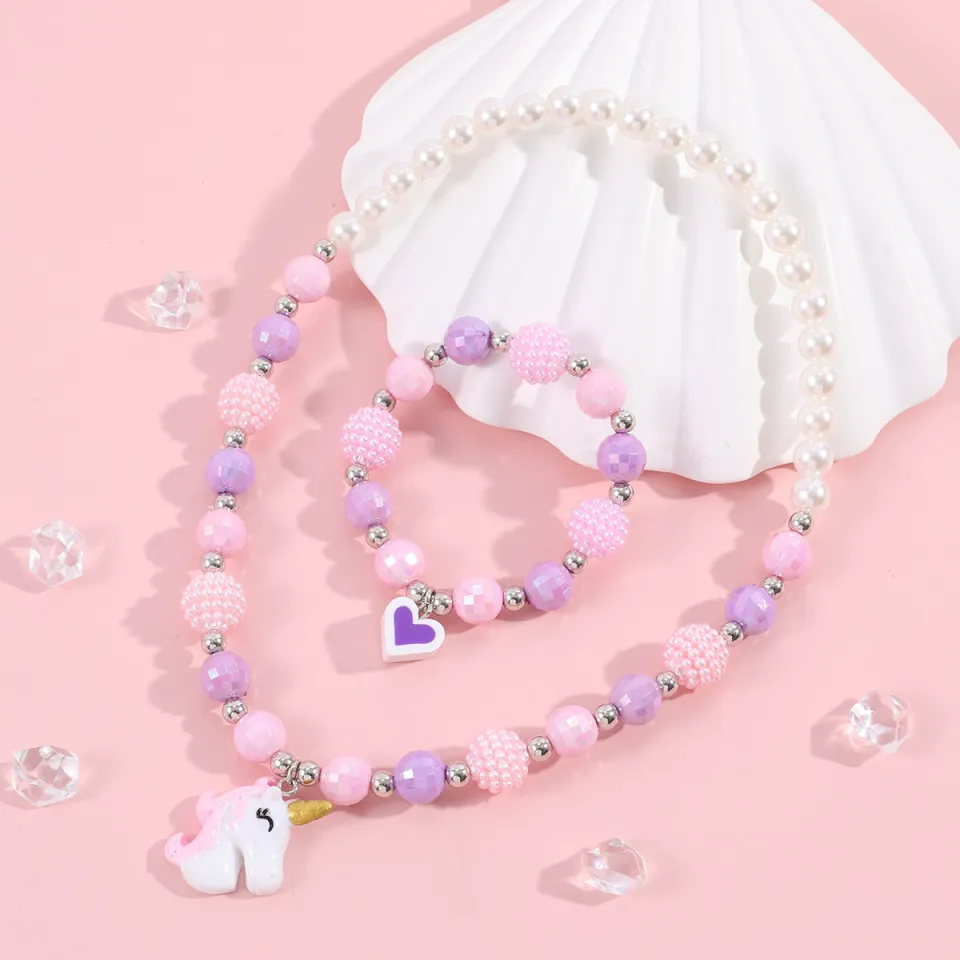Cute Unicorn Necklace Bracelet Set Frozen Princess Pearl Necklace