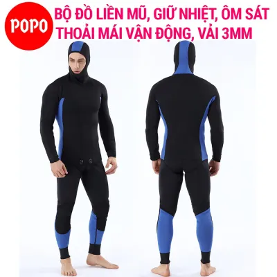 Bộ đồ lặn biển có sẵn mũ trùm đầu POPO vải dày 3mm giữ nhiệt ôm cơ thể thoải mái vận động