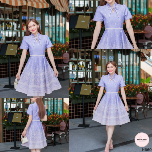 ชุดเดรสผ้าทอคอปีน แต่งโบว์ กระโปรง8ชิ้น แขนกระบอก งานอัดกาว ทั้งชุด ทุกชิ้น ซิปซ่อนด้านหลัง (S-2XL) KS660