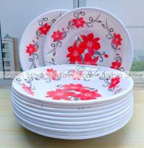 SATU LUSIN PIRING MAKAN BESAR 23 .CM MELAMINE WARE MOTIF KEMBANG CEKUNG DALAM KUALITAS  FOOD GRADE
