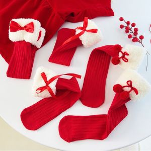 YUDESHUI Dày Vớ trẻ em Đỏ Ấm áp Vớ trẻ em màu đỏ Bông Vớ ống giữa Cô Gái