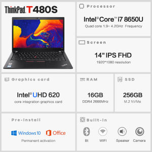Original Lenovo Thinkpad T480S Laptop office gaming computer 8th Gen Intel i7 8650U processor 14inches ultrathin IPS FHD 1920*1080 screen 16GB RAM /512GB SSD gaming/Office / online courses compute Laptop Refurbished 1 yr warranty