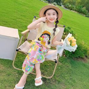 เด็กดอกไม้หักสองชิ้นฤดูร้อนใหม่ 2025 เด็กกลางเสื้อยืดกางเกงร้อยชุดสำหรับสาว ๆ