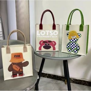 Combo 3 Túi Vải Nỉ Tote Tiện Lợi Đa Năng Họa Tiết Hoạt Hình Gấu Dâu H.b