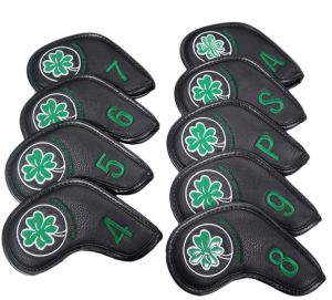 Waterproof Golf Iron Cover Set 9PCS PU Leather Four Leaf Clover Velcro Closure Golf Iron Headovers