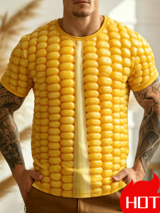 [Local Stock] VCC Mens Yellow Corn Korean Lettuce T-Shirt 3D Printed Short Sleeve Vegetable Fruit Breathable Round Sleeve Casual T Shirt for Man
