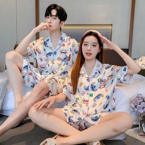 Summer Stitch Couple Pajamas Anime Kawaii Women Men Cartoonice Silk Fashion Lapel Short Sleeve Shorts Homewear Casual Clothes