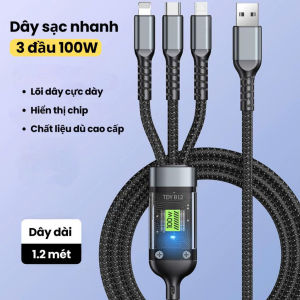 Dây sạc nhanh 100W 3 trong 1 cáp sạc kèm 3 đầu hỗ trợ sạc nhiều thiết bị cùng lúc tiện lợi