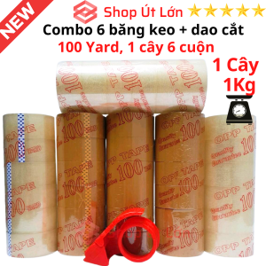 Combo 6 cây băng keo trong đục 100yard kèm dao cắt 1 cây 1kg lõi giấy 5mm chiều rộng cuộn 47cm mỗi cây có 6 cuộn