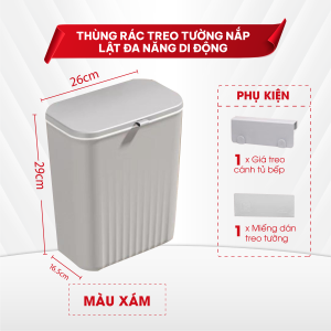 Thùng rác treo tường nắp lật đa năng di động dung tích 9l kích thước 26x 165 x 29cm treo hoặc dán tường tiện ích N007