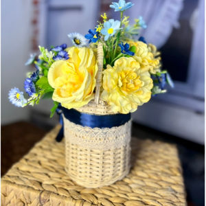 Hoa Giả Giỏ Hoa Lụa Giả Mây Đan Trang Trí Nhà Cửa Văn Phòng Làm Đạo Cụ Chụp Ảnh- (Mẫu 28-Dáng Tròn Tông Vàng Xanh)