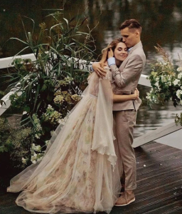 A-line silk fairy wedding dress DELVIN with long train • Haute couture wedding dress • Exclusive wedding